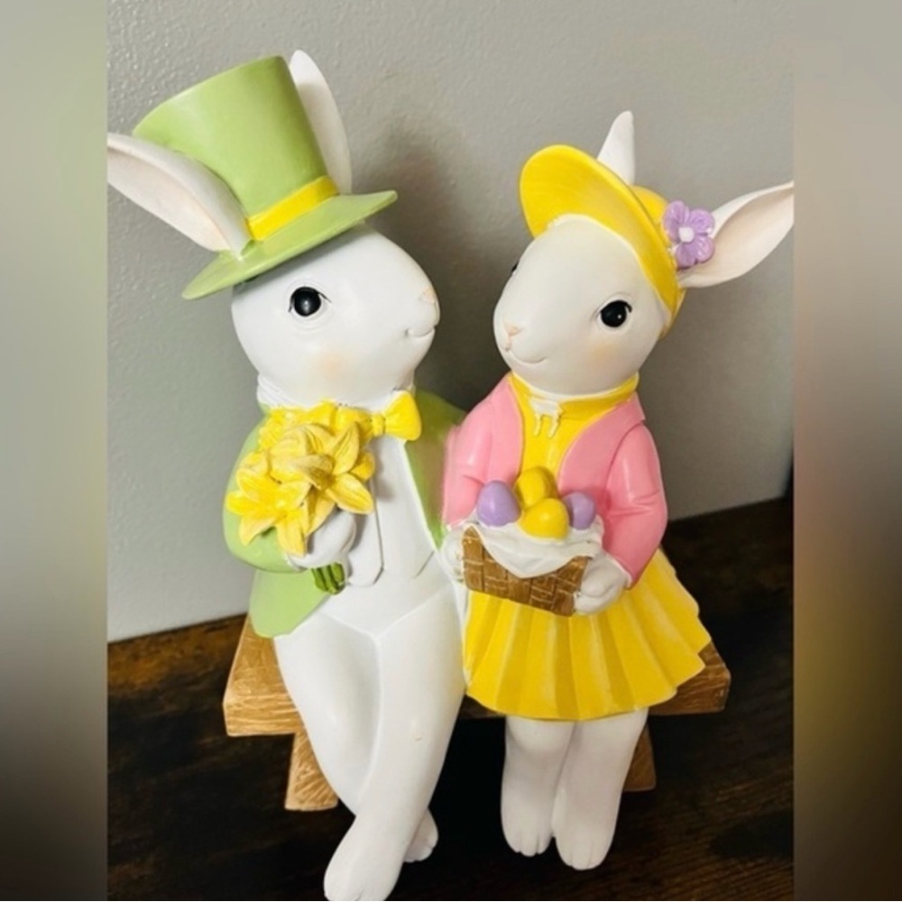 Bethany Lowe Spring Bunny Couple Figurines in Yellow, Pink, and Green